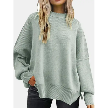 Round Neck Drop Shoulder Slit Sweater - Madi Gray Boutique