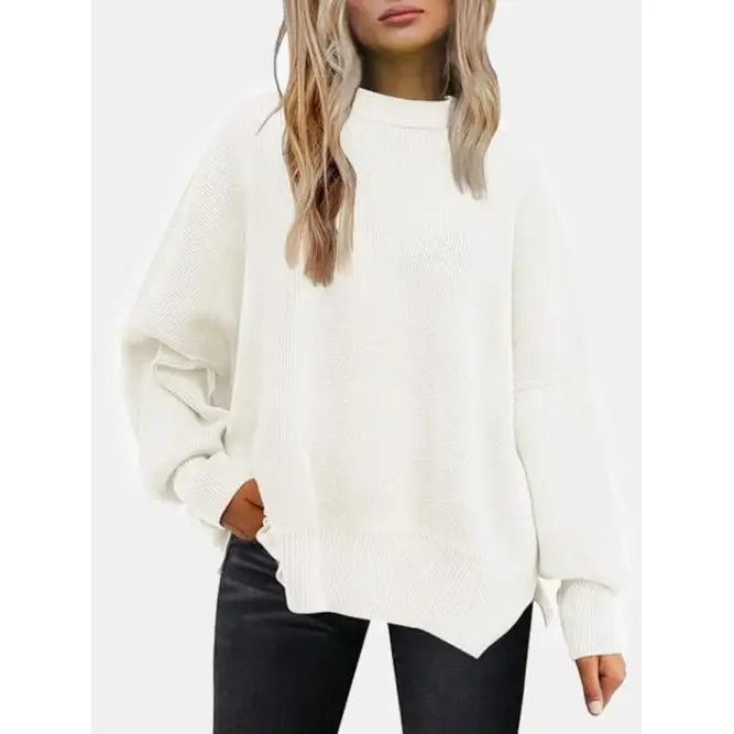 Round Neck Drop Shoulder Slit Sweater - Madi Gray Boutique