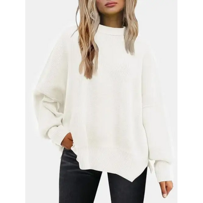 Round Neck Drop Shoulder Slit Sweater - Madi Gray Boutique