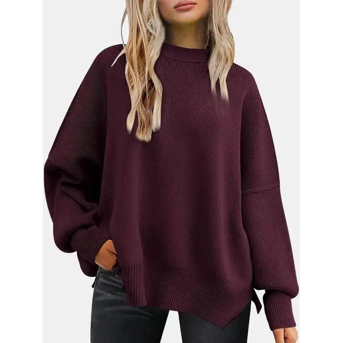 Round Neck Drop Shoulder Slit Sweater - Madi Gray Boutique