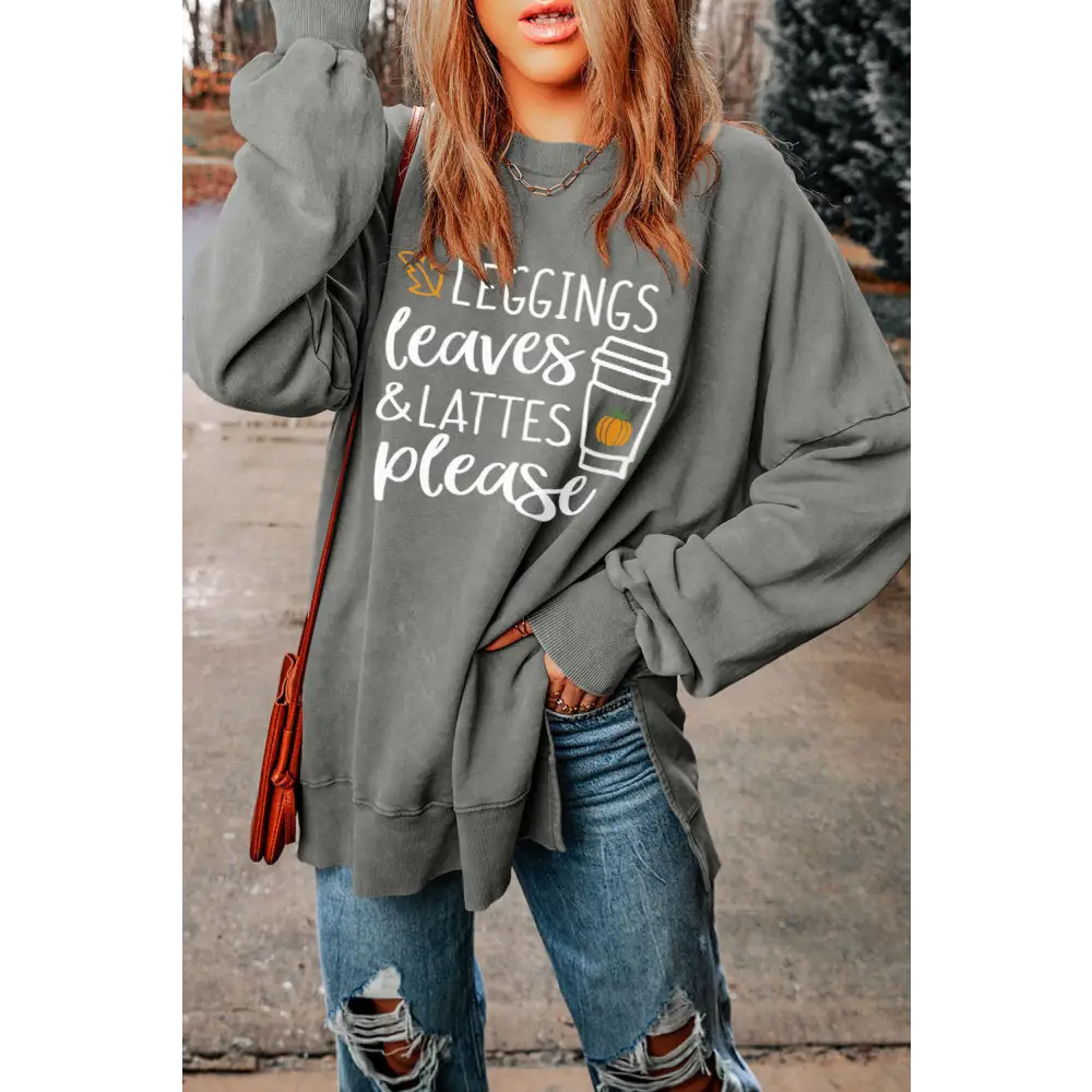 Round Neck Dropped Shoulder LEGGINGS LEAVES LATTES PLEASE Graphic Sweatshirt - Madi Gray Boutique