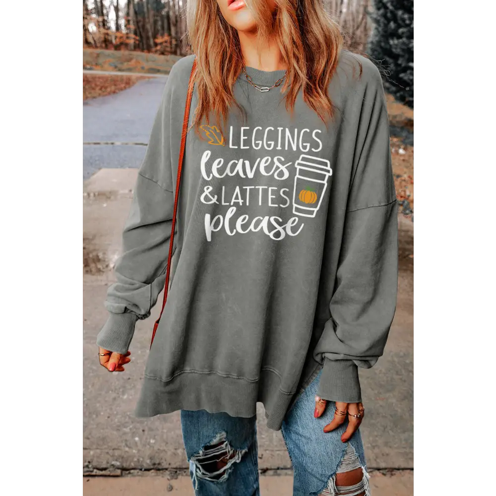 Round Neck Dropped Shoulder LEGGINGS LEAVES LATTES PLEASE Graphic Sweatshirt - Madi Gray Boutique