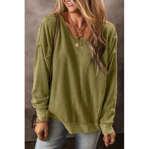 Round Neck Dropped Shoulder Sweatshirt - Madi Gray Boutique