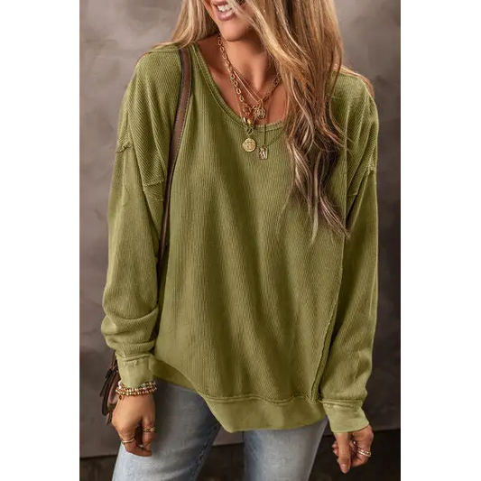 Round Neck Dropped Shoulder Sweatshirt - Madi Gray Boutique