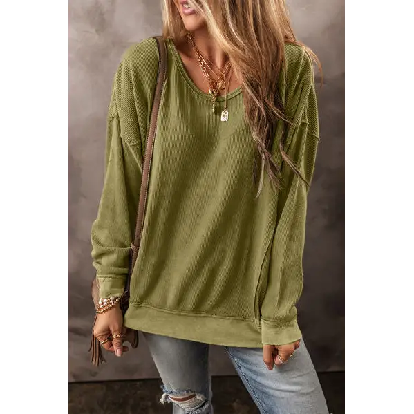 Round Neck Dropped Shoulder Sweatshirt - Madi Gray Boutique