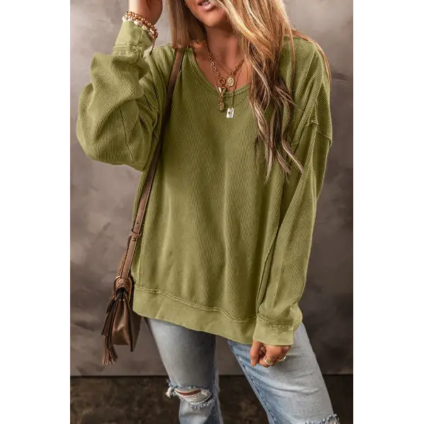 Round Neck Dropped Shoulder Sweatshirt - Madi Gray Boutique