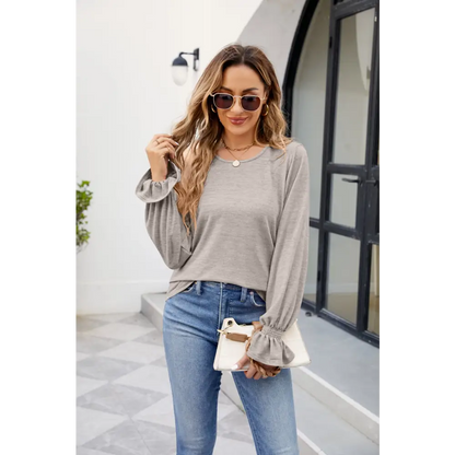 Round Neck Flounce Sleeve Blouse - Madi Gray Boutique