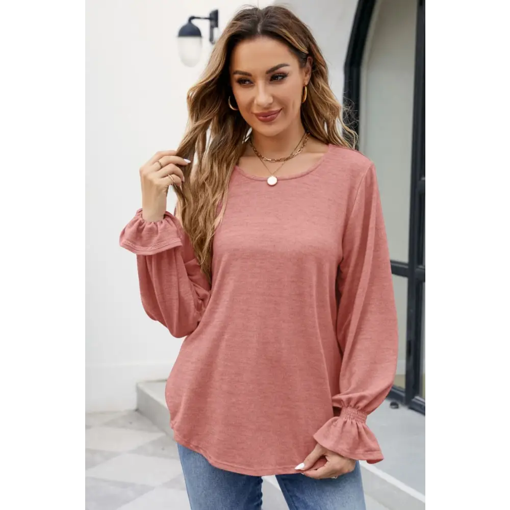 Round Neck Flounce Sleeve Blouse - Madi Gray Boutique