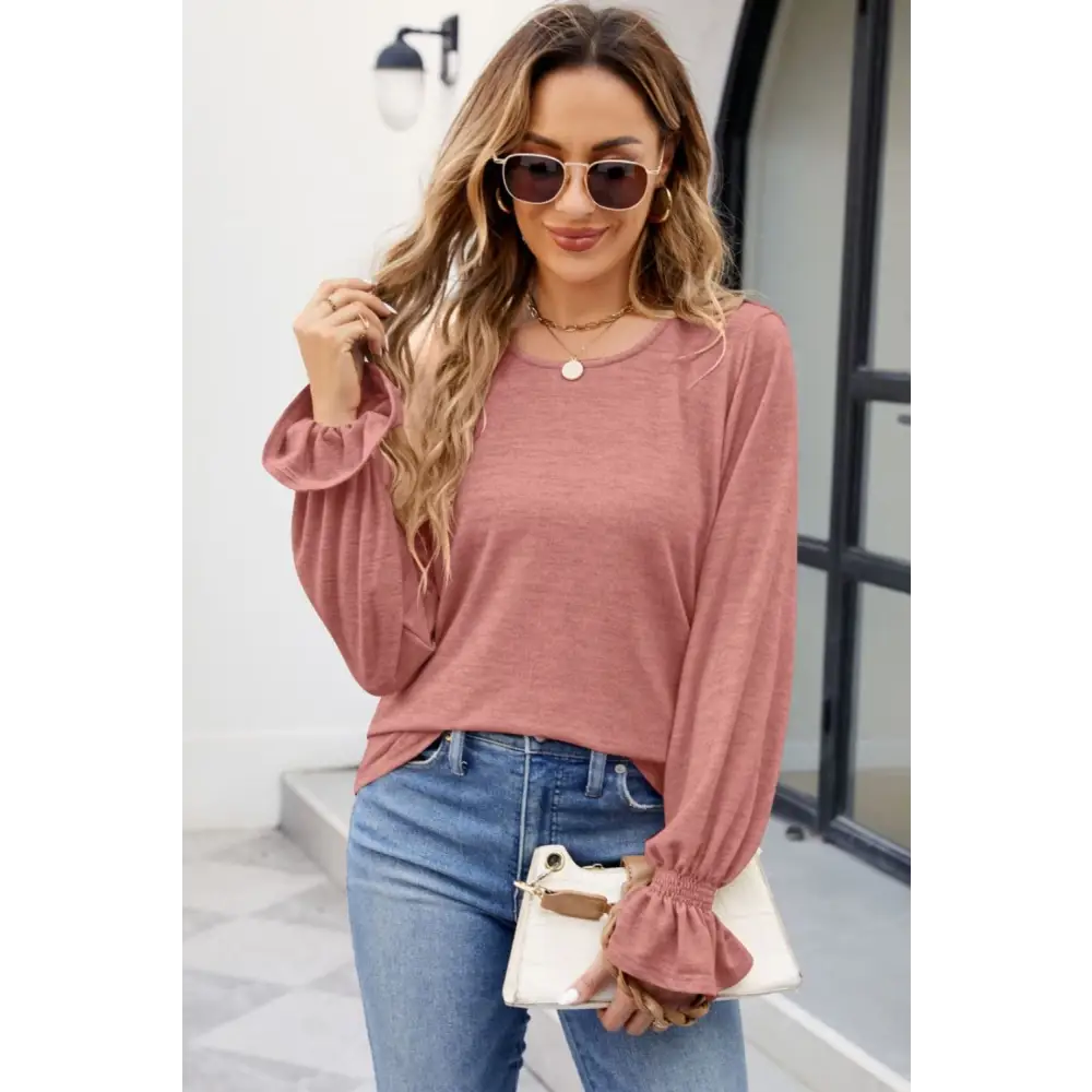 Round Neck Flounce Sleeve Blouse - Madi Gray Boutique