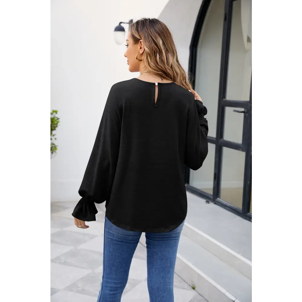 Round Neck Flounce Sleeve Blouse - Madi Gray Boutique