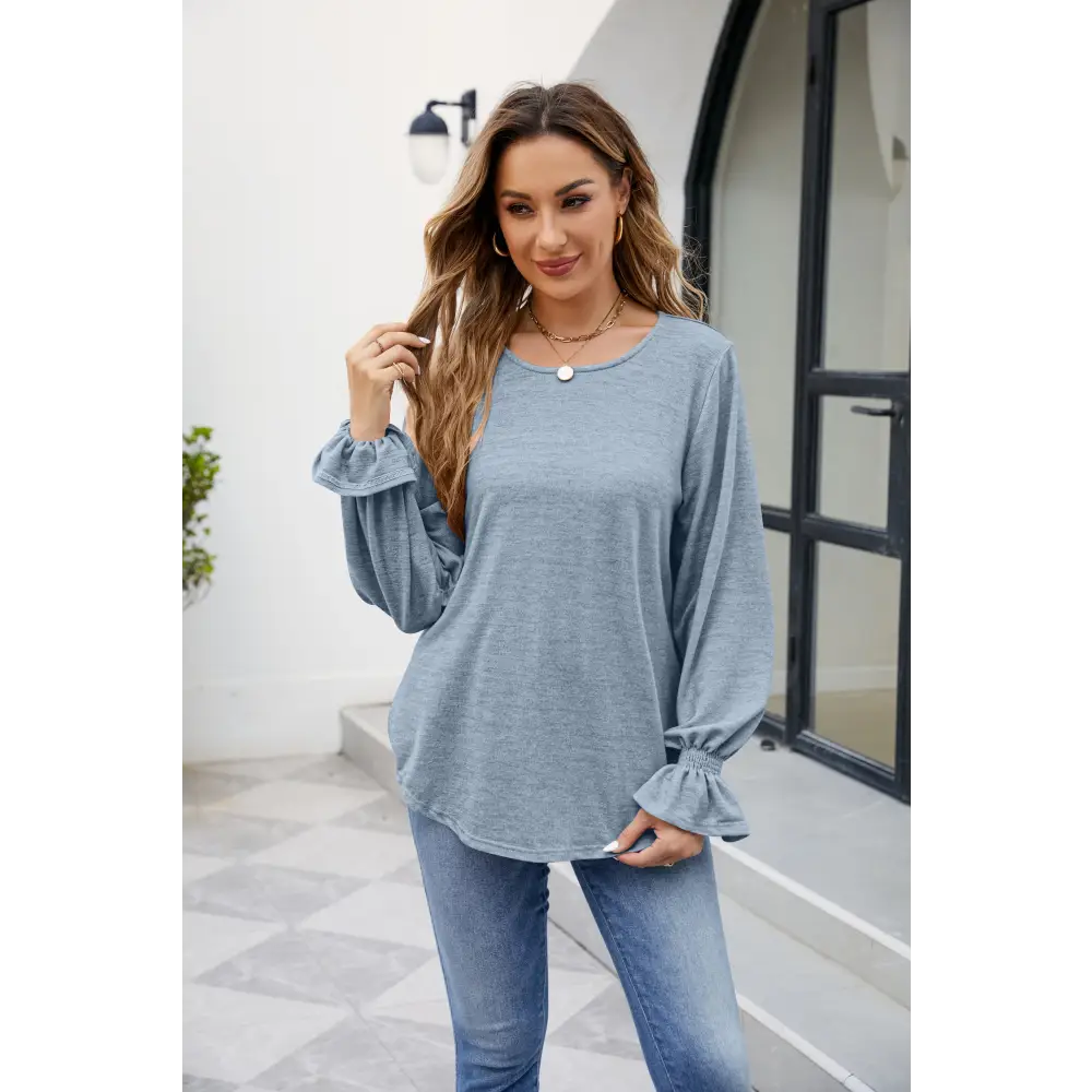 Round Neck Flounce Sleeve Blouse - Madi Gray Boutique