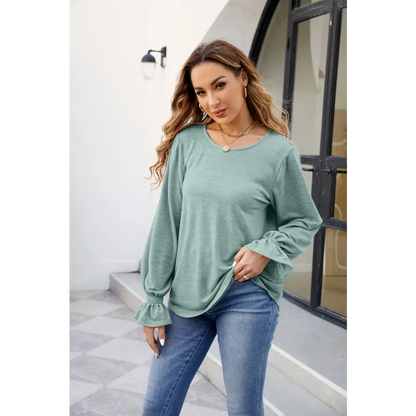 Round Neck Flounce Sleeve Blouse - Madi Gray Boutique