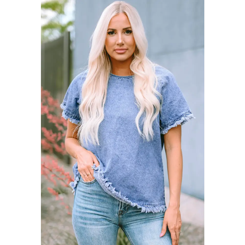 Round Neck Raglan Sleeve Raw Hem Denim Top - Madi Gray Boutique