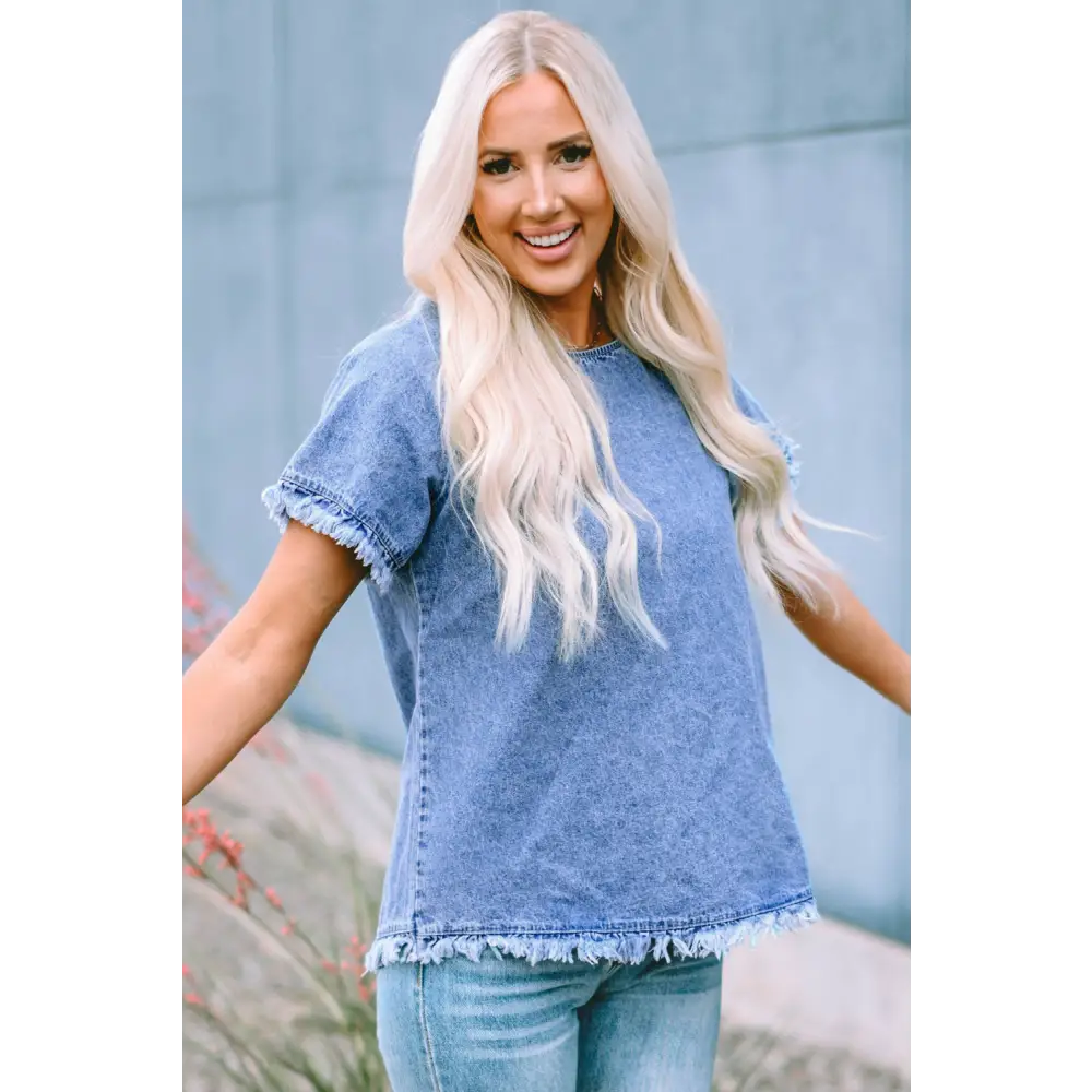 Round Neck Raglan Sleeve Raw Hem Denim Top - Madi Gray Boutique