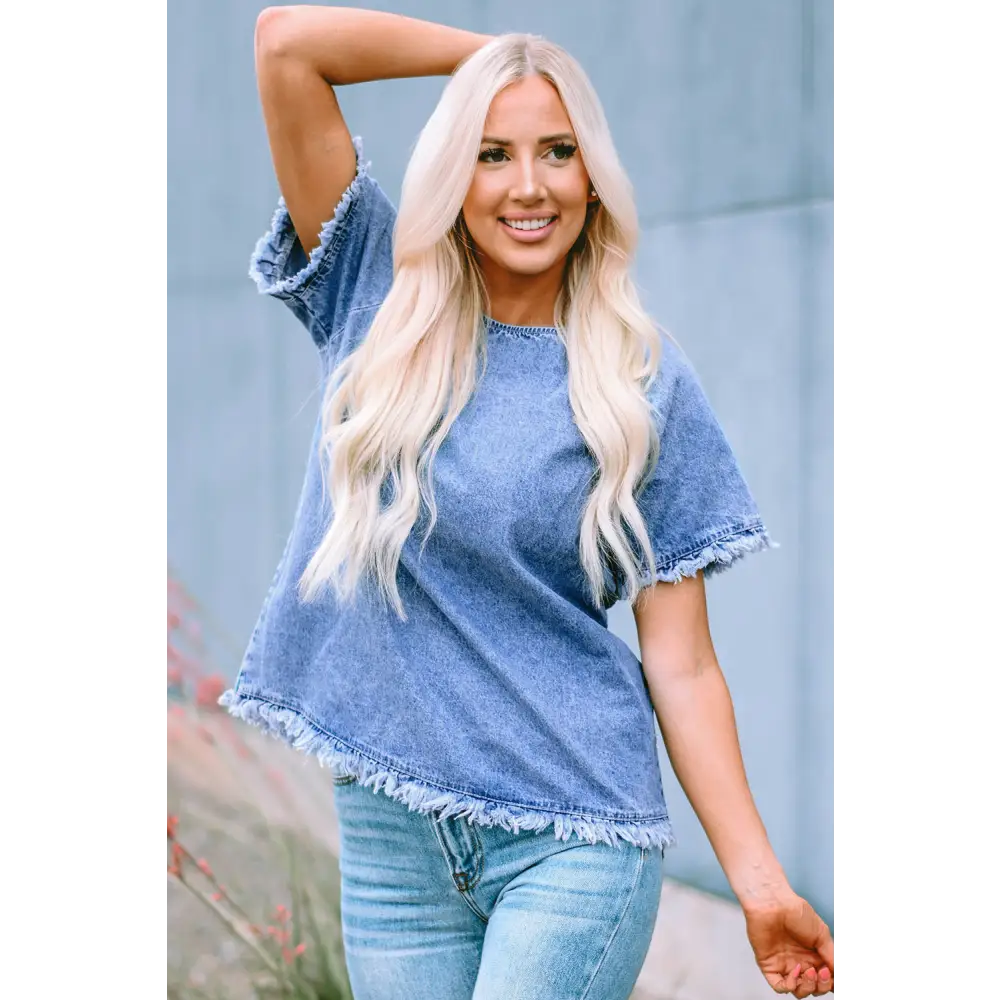 Round Neck Raglan Sleeve Raw Hem Denim Top - Madi Gray Boutique