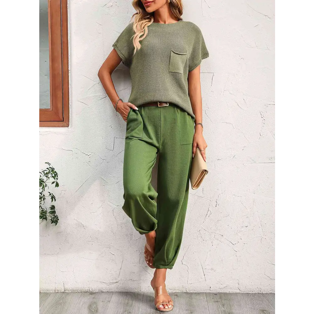 Round Neck Raglan Sleeve Tee and Long Pants Set