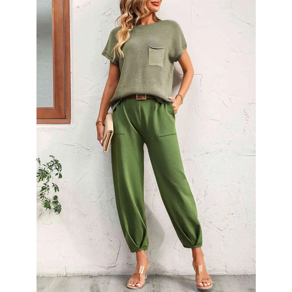 Round Neck Raglan Sleeve Tee and Long Pants Set - Matcha Green / S