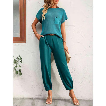 Round Neck Raglan Sleeve Tee and Long Pants Set - Teal / S