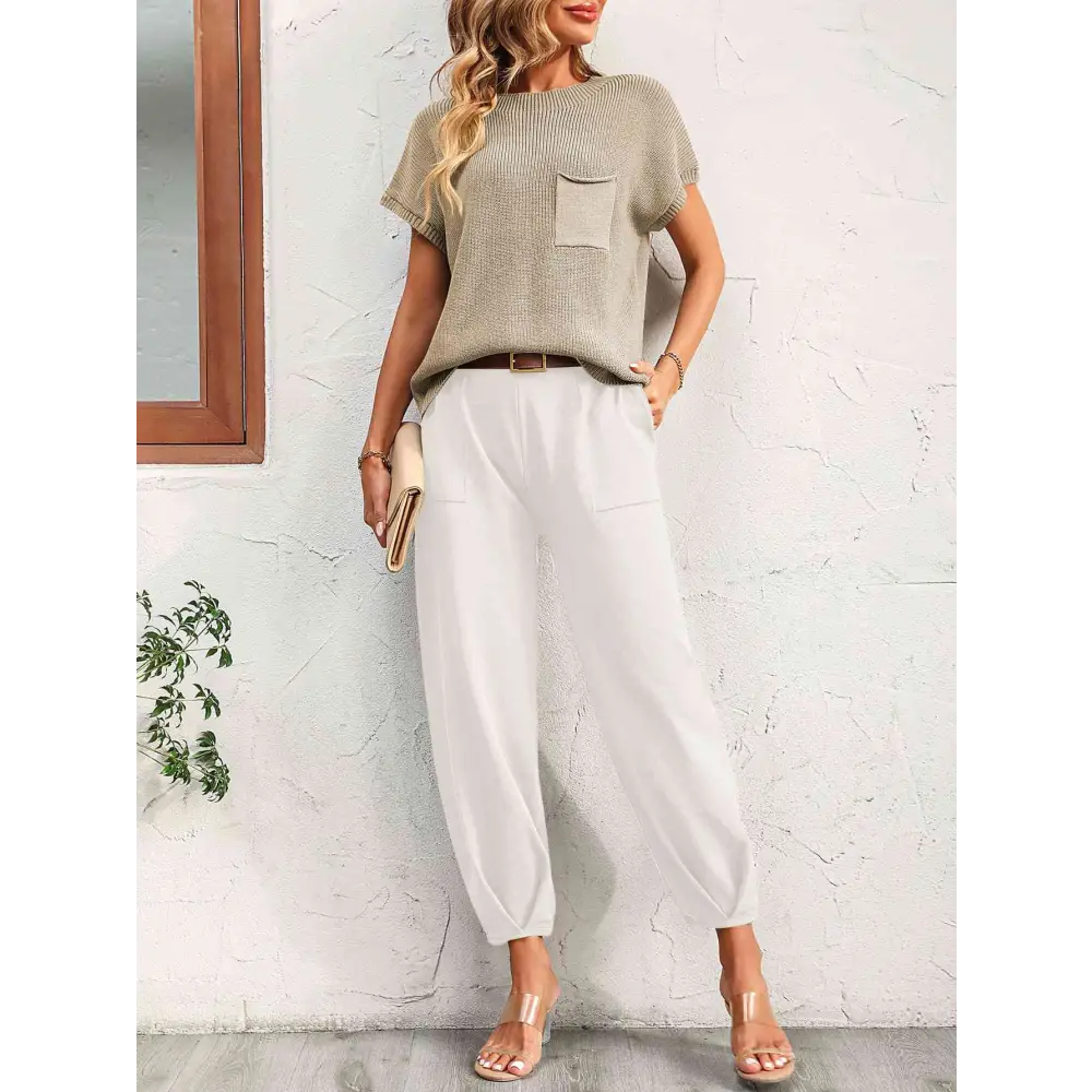 Round Neck Raglan Sleeve Tee and Long Pants Set - White / S