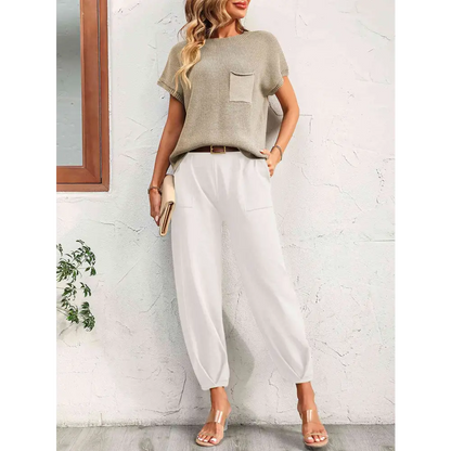 Round Neck Raglan Sleeve Tee and Long Pants Set - White / S