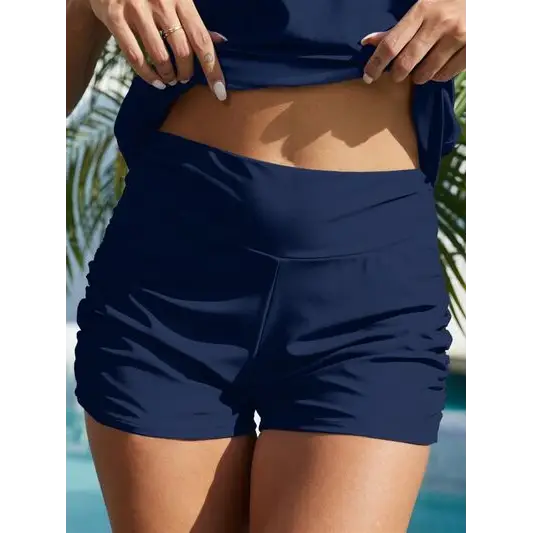 Ruched Mid-Rise Waist Swim Shorts - Navy / S