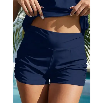 Ruched Mid-Rise Waist Swim Shorts - Navy / S