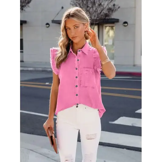 Ruffled Button Up Sleeveless Denim Shirt - Hot Pink / S - Tops