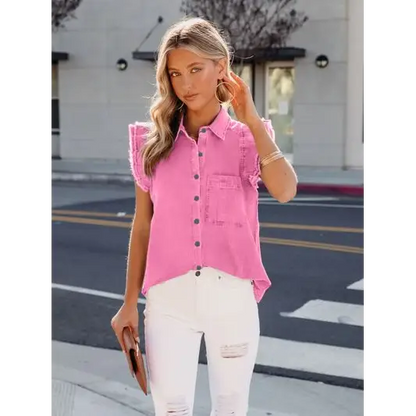 Ruffled Button Up Sleeveless Denim Shirt - Hot Pink / S - Tops