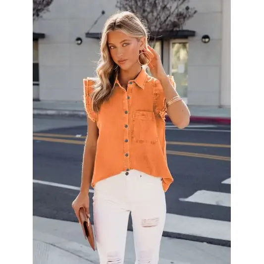 Ruffled Button Up Sleeveless Denim Shirt - Tangerine / S - Tops