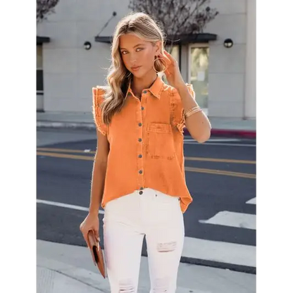 Ruffled Button Up Sleeveless Denim Shirt - Tangerine / S - Tops