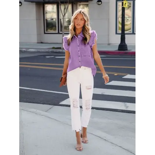 Ruffled Button Up Sleeveless Denim Shirt - Tops