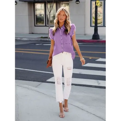 Ruffled Button Up Sleeveless Denim Shirt - Tops