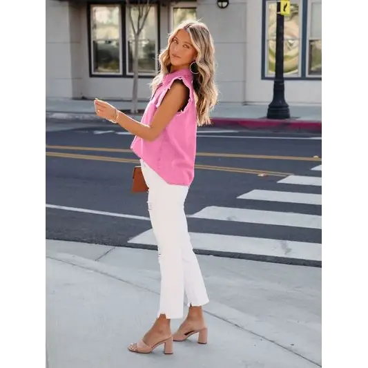 Ruffled Button Up Sleeveless Denim Shirt - Tops