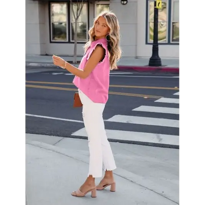 Ruffled Button Up Sleeveless Denim Shirt - Tops