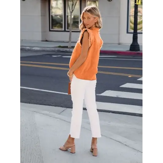 Ruffled Button Up Sleeveless Denim Shirt - Tops