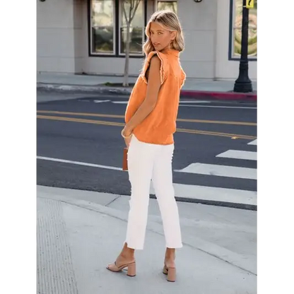 Ruffled Button Up Sleeveless Denim Shirt - Tops