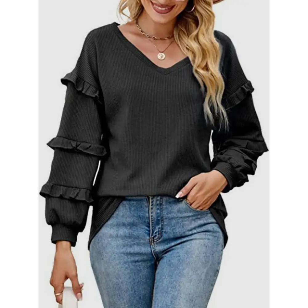 Ruffled V-Neck Long Sleeve T-Shirt - Black / S - Tops