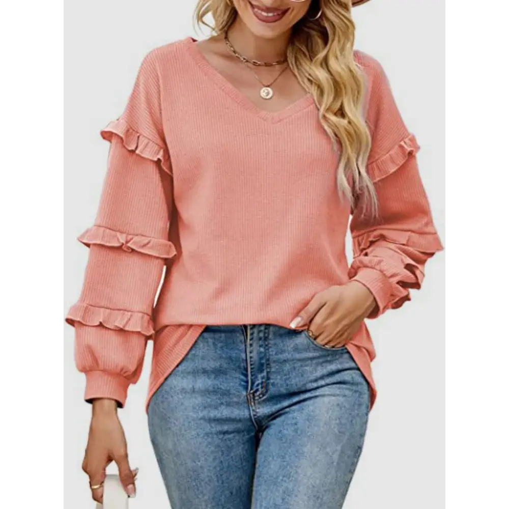 Ruffled V-Neck Long Sleeve T-Shirt - Coral / S - Tops