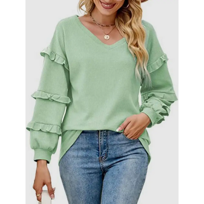 Ruffled V-Neck Long Sleeve T-Shirt - Gum Leaf / S - Tops