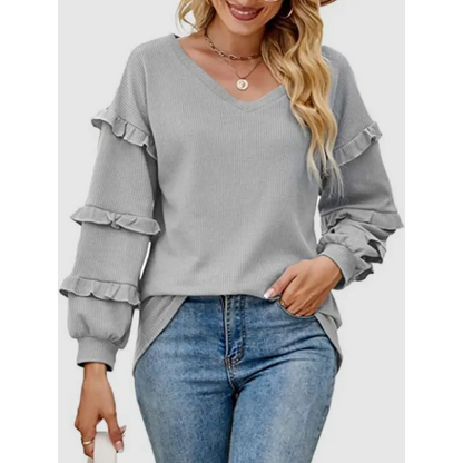 Ruffled V-Neck Long Sleeve T-Shirt - Heather Gray / S - Tops