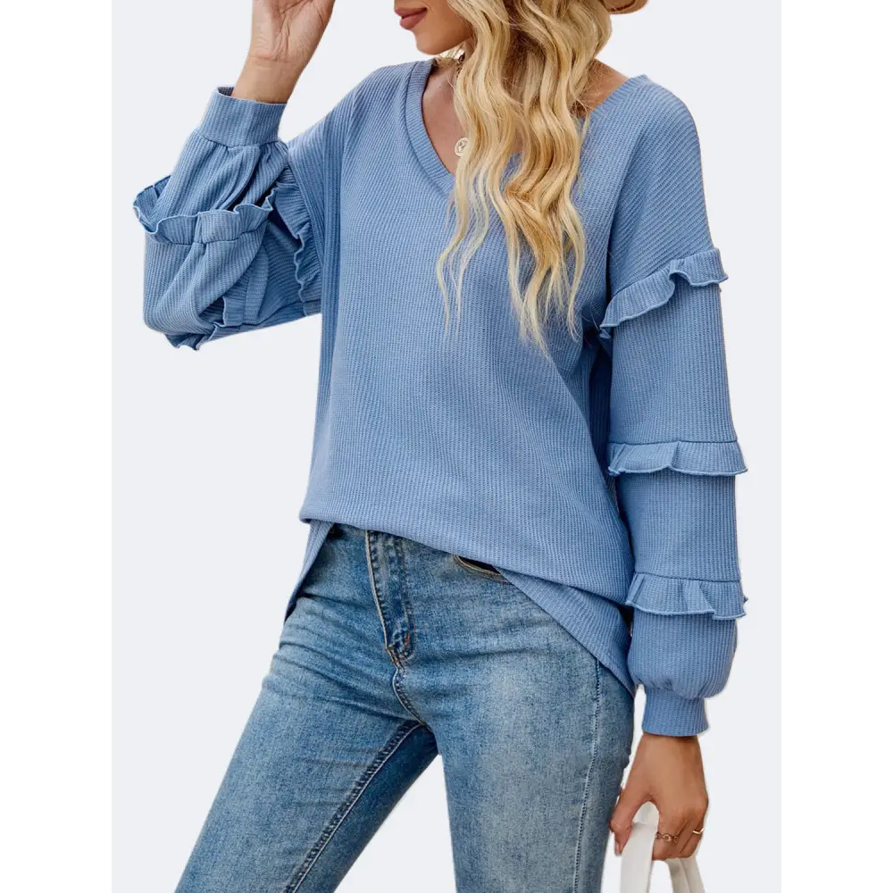 Ruffled V-Neck Long Sleeve T-Shirt - Tops