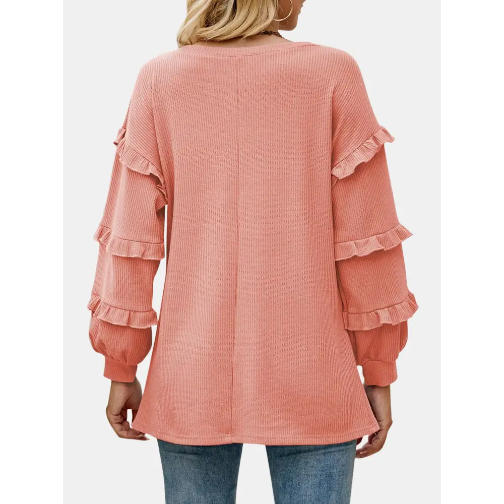 Ruffled V-Neck Long Sleeve T-Shirt - Tops