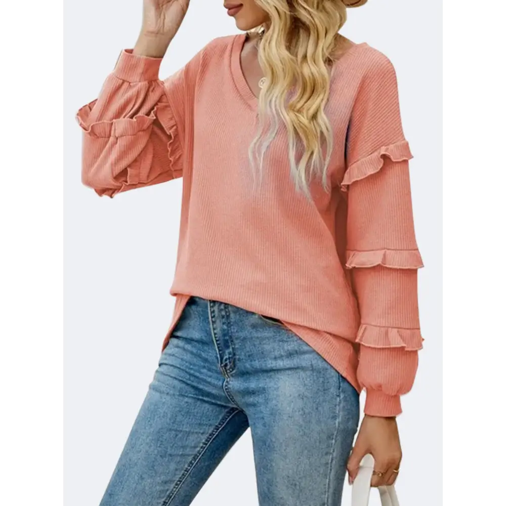 Ruffled V-Neck Long Sleeve T-Shirt - Tops