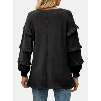 Ruffled V-Neck Long Sleeve T-Shirt - Tops