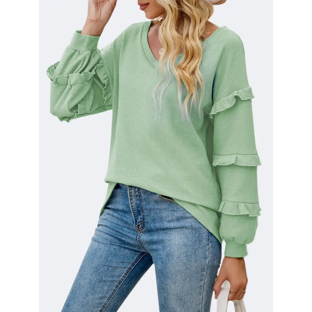 Ruffled V-Neck Long Sleeve T-Shirt - Tops