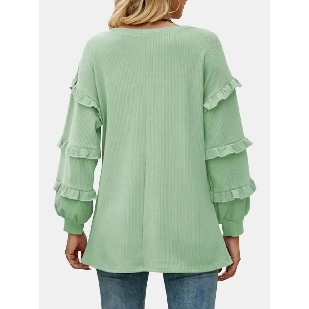 Ruffled V-Neck Long Sleeve T-Shirt - Tops