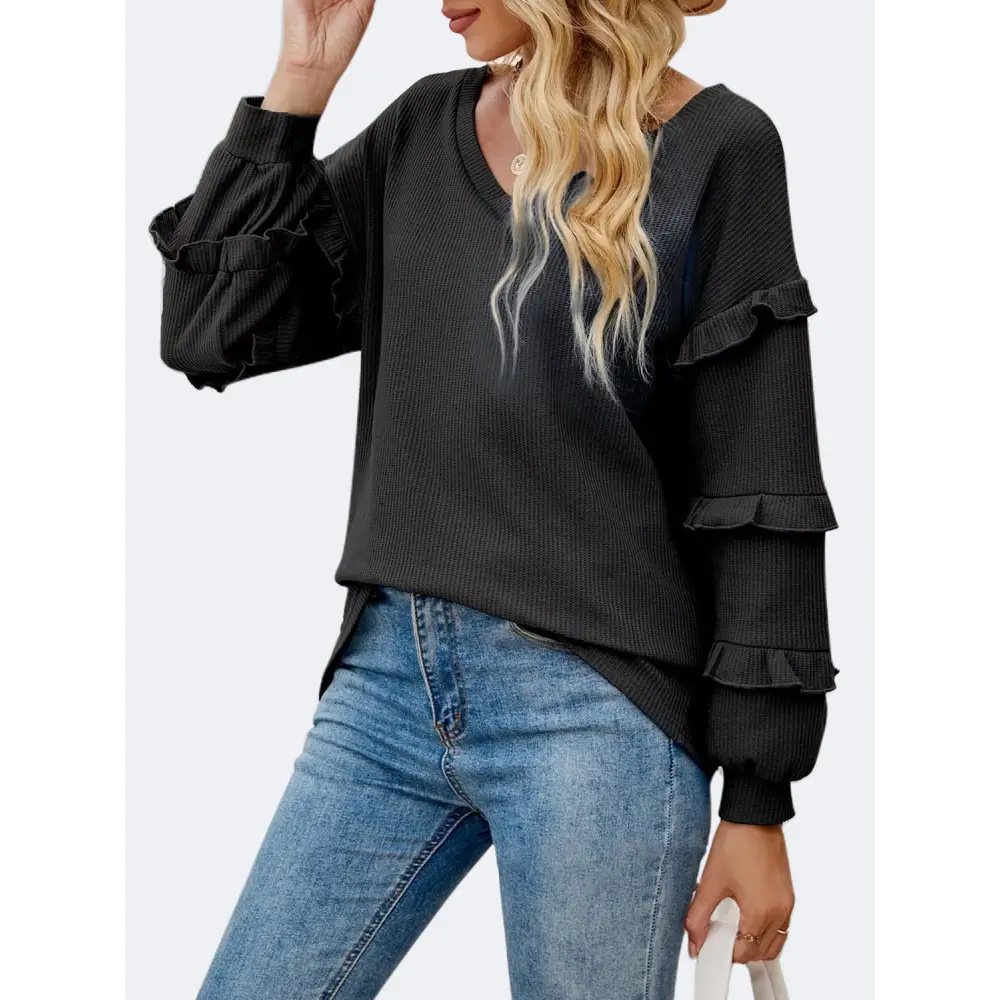 Ruffled V-Neck Long Sleeve T-Shirt - Tops