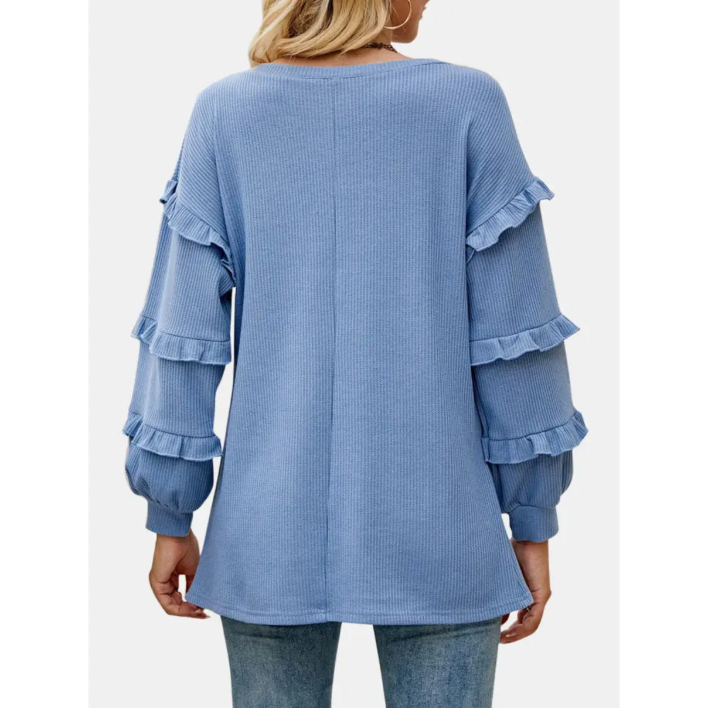 Ruffled V-Neck Long Sleeve T-Shirt - Tops