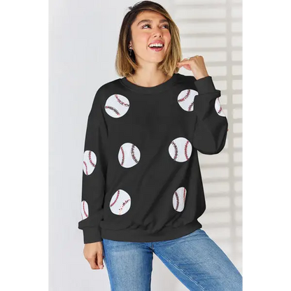 Sequin Ball Round Neck Dropped Shoulder Sweatshirt - Black / S - Tops