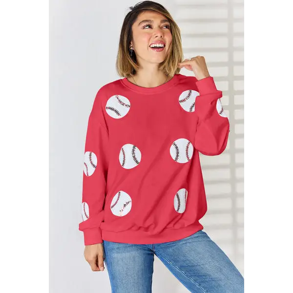 Sequin Ball Round Neck Dropped Shoulder Sweatshirt - Red / S - Tops